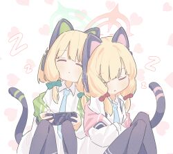 Rule 34 | 2girls, animal ear headphones, animal ears, black thighhighs, blue archive, blue shirt, bow, cat tail, collared shirt, fake animal ears, green bow, green halo, hair bow, halo, handheld game console, headphones, highres, holding, holding handheld game console, long sleeves, midori (blue archive), momoi (blue archive), multiple girls, pink halo, rizuaki, shirt, short hair, siblings, sisters, sleeping, tail, thighhighs, twins, white shirt, zzz