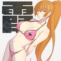 Rule 34 | 1girl, arms behind back, bare arms, bikini, blush, breasts, cleavage, closed mouth, collarbone, cowboy shot, dead or alive, dead or alive xtreme, dead or alive xtreme beach volleyball, flamingo print, kasumi (doa), konishiki (52siki), large breasts, long hair, looking at viewer, navel, orange eyes, orange hair, pink bikini, ponytail, smile, solo, stomach, striped bikini, striped clothes, swimsuit, text background, very long hair, white background