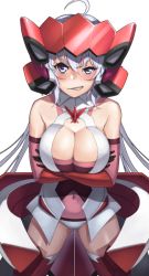 Rule 34 | 1girl, ahoge, arms under breasts, blush, breasts, cleavage, covered navel, crossed arms, elbow gloves, facing viewer, gloves, hair between eyes, large breasts, leotard, light purple hair, long hair, looking to the side, purple eyes, red gloves, senki zesshou symphogear, solo, thighs, tsukamoto kensuke, twintails, white background, yukine chris