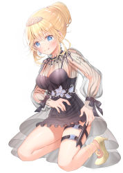 Rule 34 | 1girl, :p, alternate costume, alternate hairstyle, black dress, blonde hair, blue eyes, blush, breasts, cleavage, dress, earrings, hair up, high heels, highres, hololive, hololive english, jewelry, kneeling, knife, large breasts, leg strap, mole, mole on breast, see-through, see-through dress, serino itsuki, sidelocks, simple background, solo, tattoo, thigh strap, tiara, tongue, tongue out, virtual youtuber, watson amelia, watson amelia (party dress), white background, yellow footwear