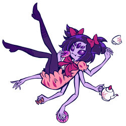 Rule 34 | 1girl, bow, breasts, colored skin, extra arms, extra eyes, fang, high heels, arthropod girl, monster girl, muffet, purple skin, ribbon, spider girl, tea, teapot, thighhighs, undertale