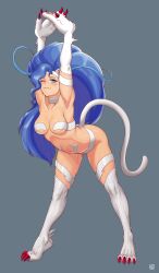 Rule 34 | 1girl, ahoge, animal ears, animal hands, armpits, arms up, bent over, big hair, blue eyes, blue hair, body fur, breasts, cat ears, cat girl, cat paws, cat tail, fang, fang out, felicia (vampire), finalcake, grey background, highres, huge ahoge, long hair, medium breasts, monster girl, navel, one eye closed, slit pupils, solo, stretching, tail, vampire (game), very long hair, white fur