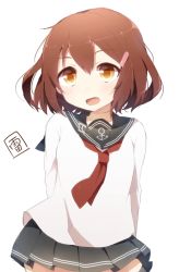 Rule 34 | 10s, 1girl, anchor symbol, black skirt, brown hair, character name, hair between eyes, hair ornament, hairclip, harusawa, ikazuchi (kancolle), kantai collection, long sleeves, neckerchief, pleated skirt, red neckerchief, school uniform, serafuku, short hair, simple background, skirt, solo, white background