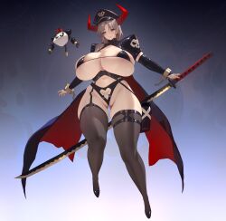 Rule 34 | 1girl, absurdres, bikini, black bikini, black cape, black footwear, black hat, black thighhighs, breasts, brown hair, cape, closed mouth, cuffs, curvy, earrings, full body, gluteal fold, gradient background, grey eyes, hair over shoulder, hat, heart, heart earrings, highres, horns, huge breasts, jewelry, light smile, looking at viewer, micro bikini, navel, original, peaked cap, pubic tattoo, rekaerb maerd, revealing clothes, shoes, shrug (clothing), skull, solo, swimsuit, sword, tattoo, thighhighs, thighs, underboob, weapon