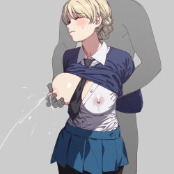 Rule 34 | 1boy, 1girl, black leggings, black necktie, blonde hair, blue skirt, blue sweater, blush, braid, closed eyes, closed mouth, collar, collared shirt, covered erect nipples, crown braid, darjeeling (girls und panzer), girls und panzer, grabbing, grabbing another&#039;s breast, grey background, highres, holding another&#039;s arm, lactation, leggings, locked arms, milk stain, necktie, nipples, onsen tamago (hs egg), partially unbuttoned, pleated skirt, projectile lactation, revision, school uniform, shirt, simple background, skirt, st. gloriana&#039;s school uniform, sweatdrop, sweater, white collar, white shirt, wince, wing collar
