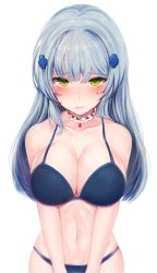 Rule 34 | 1girl, bad id, bad twitter id, bare arms, bare shoulders, bikini, blue bikini, blunt bangs, blush, breasts, choker, cleavage, closed mouth, cowboy shot, facepaint, girls&#039; frontline, green eyes, hair ornament, hair over shoulder, highres, hk416 (girls&#039; frontline), jewelry, large breasts, long hair, looking at viewer, navel, pendant, shiny skin, sidelocks, silver hair, simple background, solo, stomach, swimsuit, teardrop, white background, zerocat