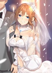 Rule 34 | 1boy, 1girl, alternate costume, azur lane, black neckwear, blouse, blue eyes, blue gemstone, blurry, blurry background, blush, bow, bowtie, braid, breasts, bridal gauntlets, bridal veil, bride, brown hair, church, cleavage, collarbone, collared shirt, dress, formal, french braid, gem, gloves, grey jacket, grey pants, head tilt, highres, jacket, jewelry, locked arms, looking at viewer, midriff, navel, necktie, ornate ring, pants, parted lips, petals, repulse (azur lane), ring, shirt, short hair, sidelocks, smile, solo focus, stomach, suit, traditional bowtie, v, veil, wedding, wedding dress, wedding ring, white dress, white gloves, white shirt, yappen