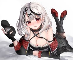 Rule 34 | 1girl, arm strap, black choker, black gloves, black hair, black jacket, black legwear, braid, breasts, chest belt, choker, cleavage, dress, ear piercing, earclip, fang, gloves, hair ornament, highres, holding, holding mask, hololive, holox, jacket, large breasts, legs up, looking at viewer, lying, mask, multicolored hair, nail polish, off shoulder, on stomach, open mouth, partially fingerless gloves, piercing, red eyes, red nails, sakamata chloe, silver hair, single braid, solo, spaghetti strap, strap slip, streaked hair, torn clothes, torn legwear, two-tone hair, una hirag, virtual youtuber, white dress, x hair ornament