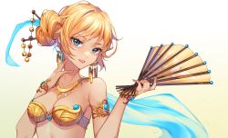 Rule 34 | 1girl, bare shoulders, blonde hair, blue eyes, blue nails, breasts, brown background, collarbone, commentary, commission, earrings, english commentary, folding fan, gradient background, hair bun, hand fan, hands up, highres, holding, holding fan, hyanna-natsu, jewelry, medium breasts, nail polish, original, parted lips, side bun, single hair bun, single side bun, solo, upper body, white background