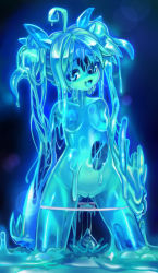 Rule 34 | 1girl, :d, bad id, bad pixiv id, blue background, blue eyes, blue skin, blue theme, breasts, chikokuma, claws, colored skin, glowing, looking at viewer, melting, monster girl, nipples, open mouth, original, panties, panty pull, pussy, skindentation, slime girl, small breasts, smile, solo, topless, twintails, uncensored, underwear