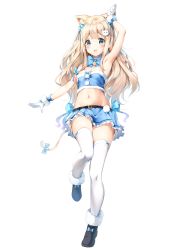 Rule 34 | 1girl, :d, absurdres, animal ears, armpits, blue bow, blue ribbon, blue skirt, blush, boots, bow, bowtie, breasts, cat ears, cat tail, full body, hand up, highres, long hair, looking at viewer, medium breasts, miniskirt, nyum, open mouth, original, petticoat, pigeon-toed, ribbon, round teeth, simple background, skirt, smile, solo, standing, standing on one leg, straight hair, strapless, tail, teeth, thighhighs, thighs, tube top, two side up, white background, white thighhighs, wrist cuffs