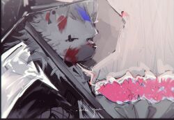 Rule 34 | 1boy, arknights, black eyes, blood, blood on face, bouquet, broken window, closed mouth, commentary, english commentary, english text, eyebrow piercing, flower, furry, furry male, glasses, highres, hyena boy, looking at viewer, male focus, multicolored hair, p7ywirzyw8lesuc, piercing, solo, spot (arknights), streaked hair