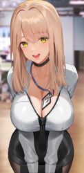 Rule 34 | 1girl, absurdres, black choker, black skirt, blonde hair, blurry, blurry background, breasts, brown pantyhose, choker, cleavage, collared shirt, cowboy shot, daon art99, depth of field, dress shirt, emma (nikke), emma (office therapy) (nikke), goddess of victory: nikke, green eyes, highres, id card, indoors, large breasts, leaning, long hair, long sleeves, looking at viewer, necktie, object on breast, office lady, official alternate costume, open mouth, pantyhose, pencil, revision, shirt, skirt, slit pupils, smile, solo, standing, white shirt