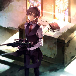 Rule 34 | 1boy, bible (object), bolt action, brown hair, double cross, gun, highres, indoors, kanae (double cross), lens flare, male focus, necktie, red eyes, rifle, rosary, short hair, sniper rifle, solo, sunakumo, sunlight, sv-98, weapon