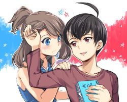 Rule 34 | 1boy, 1girl, ahoge, black hair, blue eyes, blush, book, brown hair, cezaria, creatures (company), eye contact, fang, game freak, hand in own hair, hand on shoulder, looking at another, nintendo, no headwear, no headwear, pokemon, pokemon adventures, red eyes, brendan (pokemon), may (pokemon), scar, short hair, short ponytail, sleeveless, spoilers