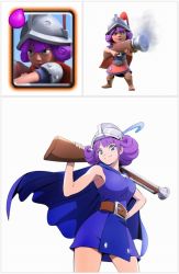 Rule 34 | 1girl, antique firearm, armpits, bare shoulders, belt, blue cape, blue dress, blunderbuss, brown belt, cape, character request, clash royale, contrapposto, cowboy shot, dress, firearm, from below, full body, gun, hand on own hip, helmet, looking at viewer, musket, musketeer (clash royale), purple cape, purple dress, purple hair, short dress, short hair, simple background, sleeveless, sleeveless dress, smile, smoke, standing, tagme, weapon, white background