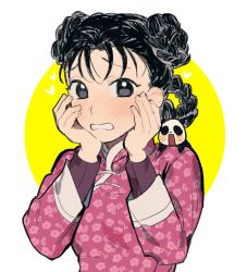 Rule 34 | 1girl, :o, animal, animal on shoulder, black eyes, black hair, blush, braid, chinese clothes, circle, close-up, commentary request, cu churain, d:, double bun, ear blush, eyelashes, fingernails, floral print, fullmetal alchemist, furrowed brow, hands on own cheeks, hands on own face, heart, high collar, jitome, korean commentary, long sleeves, looking at viewer, may chang, multiple braids, open mouth, panda, pink shirt, shirt, simple background, solo, two-tone background, upper body, white background, xiao-mei, yellow background