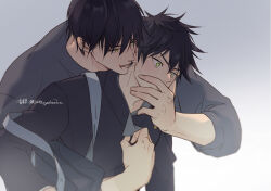 Rule 34 | 2496oyakodon, 2boys, age difference, bag, black bag, black hair, black jacket, black shirt, blush, chibi, chibi inset, couple, father and son, fushiguro megumi, fushiguro touji, gakuran, grabbing, grabbing from behind, gradient background, green eyes, hands on another&#039;s face, hug, hug from behind, incest, jacket, jujutsu kaisen, looking at another, male focus, mature male, multiple boys, muscular, muscular male, parted lips, scar, scar on face, scar on mouth, school bag, school uniform, shirt, short hair, simple background, size difference, sweatdrop, upper body, wide-eyed, yaoi