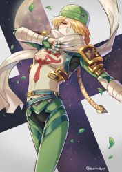 Rule 34 | 1girl, alternate color, bandaged arm, bandages, between fingers, blonde hair, eyes visible through hair, full moon, green headwear, hair over one eye, holding, leaf, long hair, looking at viewer, mask, moon, mouth mask, needle, nintendo, red eyes, reverse trap, scarf, sheik, shina shina, solo, star (sky), super smash bros., the legend of zelda, the legend of zelda: ocarina of time, turban, twintails, white mask, white scarf