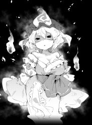 Rule 34 | 1girl, bare shoulders, black background, breasts, cleavage, commentary request, cowboy shot, frilled kimono, frills, ghost, greyscale, hat, highres, hitodama, japanese clothes, kimono, large breasts, long sleeves, looking at viewer, mob cap, monochrome, off shoulder, saigyouji yuyuko, shaded face, short hair, solo, tanasuke, touhou, triangular headpiece, wide sleeves
