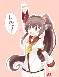 Rule 34 | 10s, 1girl, :d, adapted costume, aged down, ahoge, arm up, armband, bad id, bad twitter id, brown hair, buttons, cherry blossoms, collarbone, cowboy shot, dress, flower, hair flower, hair intakes, hair ornament, headgear, kantai collection, long hair, long sleeves, open mouth, outline, pink background, ponytail, purple eyes, sailor dress, shigino sohuzi, short dress, sidelocks, simple background, smile, solo, speech bubble, yamato (kancolle), z flag