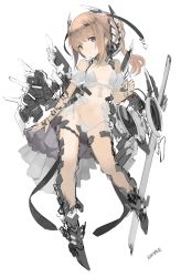 Rule 34 | 1girl, absurdres, bare shoulders, bikini, breasts, breasts apart, brown eyes, brown hair, detached sleeves, full body, head tilt, headgear, highres, long hair, looking at viewer, machinery, mecha musume, midriff, navel, original, ponytail, puffy short sleeves, puffy sleeves, rayvon, revealing clothes, short sleeves, sidelocks, simple background, small breasts, solo, standing, swimsuit, white background, white bikini