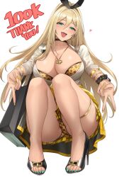 Rule 34 | 1girl, absurdres, bag, blonde hair, blush, bracelet, breasts, choker, cleavage, commentary request, earrings, fang, feet, fingernails, goddess of victory: nikke, green eyes, hair ornament, hairclip, high heels, highres, jewelry, kurone rinka, large breasts, legs, long hair, looking at viewer, nail polish, necklace, open mouth, panties, patent heels, ponytail, pumps, rupee (nikke), sandals, scrunchie, shoes, simple background, skirt, smile, solo, squatting, stiletto heels, thigh strap, thighs, toenail polish, toenails, toes, underwear, wrist scrunchie