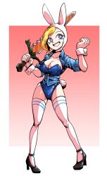 Rule 34 | 1girl, adventure time, animal ears, bbtan, black footwear, blonde hair, blue eyes, blue jacket, blue leotard, breasts, cartoon network, cleavage, collarbone, fake animal ears, fionna campbell, grin, high heels, highres, holding, jacket, large breasts, leotard, open clothes, open jacket, playboy bunny, rabbit ears, rabbit tail, red background, short sleeves, smile, sword, tail, teeth, thighhighs, weapon, white thighhighs, wrist cuffs