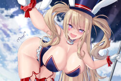 Rule 34 | 1girl, animal ears, azur lane, blonde hair, blue eyes, blue leotard, blue thighhighs, breasts, cleavage, facial mark, fake animal ears, fang, frilled leotard, frills, guam (azur lane), guam (stage-setting charmer) (azur lane), hanging breasts, hat, heart, heart facial mark, heart sticker, holding, holding microphone stand, large breasts, leotard, microphone stand, mrnn, official alternate costume, outstretched arm, playboy bunny, skin fang, smile, star-shaped pupils, star (symbol), symbol-shaped pupils, thighhighs, top hat, twintails, undersized breast cup