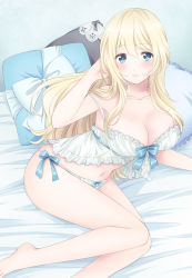 Rule 34 | 10s, 1girl, alternate costume, atago (kancolle), babydoll, barefoot, bed sheet, blonde hair, blue bow, blush, bow, breasts, female focus, hand on own chest, kantai collection, lace, large breasts, lingerie, long hair, looking at viewer, lying, nanairo fuuka, navel, on side, panties, pillow, smile, solo, strap slip, underwear, very long hair, white panties