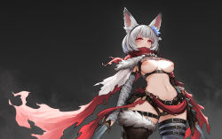 Rule 34 | 1girl, absurdres, animal ears, bandaged arm, bandaged leg, bandages, belt, blunt bangs, breasts, cape, fox ears, fur trim, highres, holding, holding sword, holding weapon, large breasts, looking at viewer, navel, neu (purusawa), nipple slip, nipples, original, red cape, red eyes, red scarf, scarf, short hair, skirt, solo, sword, thigh strap, thighhighs, torn cape, torn clothes, underboob, weapon, xiang cheng (nido)
