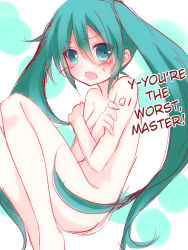 Rule 34 | 1girl, aqua eyes, aqua hair, blush, covering privates, covering breasts, hard-translated, hatsune miku, highres, long hair, mogu (au1127), nude, open mouth, sketch, solo, third-party edit, translated, twintails, very long hair, vocaloid