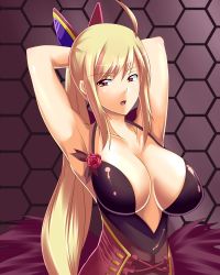 Rule 34 | 1girl, ahoge, armpits, arms behind head, arms up, blonde hair, breasts, cleavage, dodonpachi, dodonpachi saidaioujou, flower, hexagon, highres, honeycomb background, honeycomb pattern, large breasts, long hair, ponytail, purple background, red eyes, red rose, rose, shuri (saidaioujou), solo, sugari