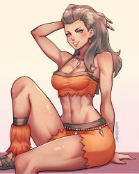 Rule 34 | 1girl, abs, artist name, breasts, commentary, creatures (company), crop top, earrings, english commentary, game freak, grey hair, grin, highres, jewelry, lips, long hair, looking at viewer, luchidart, medium breasts, midriff, muscular, muscular female, navel, necklace, nintendo, orange shirt, orange shorts, pink lips, pokemon, pokemon sv, sada (pokemon), sandals, shirt, shorts, sitting, sleeveless, sleeveless shirt, smile, solo, stomach, teeth