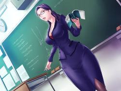 Rule 34 | 1girl, black pantyhose, board eraser, book, breasts, chalk, chalkboard, classroom, cleavage, clock, collarbone, covered erect nipples, desk, dutch angle, eyebrows, eyelashes, female focus, from below, glasses, grassturtle, highres, holding, holding book, holding chalk, indoors, large breasts, legs together, lips, lipstick, long hair, looking at viewer, makeup, nose, pantyhose, parted lips, pencil skirt, purple eyes, purple hair, red-framed eyewear, s kyoushi na kagami-sensei to m haha na ryouko-san, school desk, skirt, solo, source request, standing, teacher, underwear