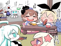 Rule 34 | 6+girls, abyssal ship, ahoge, animal ears, aqua eyes, blonde hair, blue eyes, blunt bangs, bowl, brown hair, chef hat, chibi, chopsticks, cloak, closed eyes, collar, comic, commentary request, cooking, dress, eating, elbow gloves, enemy aircraft (kancolle), fake animal ears, fish, flower, folded ponytail, food in mouth, fur trim, gloves, grilling, hachimaki, hair between eyes, hair flower, hair ornament, hairband, hand fan, happi, hat, headband, headgear, holding, holding chopsticks, horns, japanese clothes, kantai collection, long hair, multiple girls, nejiri hachimaki, northern ocean princess, northern water princess, open mouth, paper fan, plate, rabbit ears, rensouhou-chan, rice, rice bowl, sailor dress, sako (bosscoffee), saury, shimakaze (kancolle), sidelocks, sitting, sitting on head, sitting on person, smile, submarine princess, tan, translation request, u-511 (kancolle), white hair, yukikaze (kancolle)