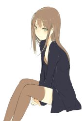 Rule 34 | 1girl, between legs, brown hair, formal, from side, hand between legs, long hair, looking at viewer, looking to the side, lpip, original, simple background, sitting, smile, solo, thighhighs, white background, zettai ryouiki