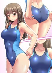 Rule 34 | 1girl, adjusting clothes, adjusting swimsuit, ass, blue one-piece swimsuit, breasts, brown eyes, brown hair, collarbone, commentary request, competition swimsuit, cowboy shot, highres, jiyuuyuu, large breasts, looking at viewer, multiple views, one-piece swimsuit, original, simple background, standing, swimsuit, white background
