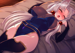 Rule 34 | 1girl, animal ear fluff, animal ears, black thighhighs, blue dress, blush, breasts, bridal gauntlets, closed eyes, dress, drunk, fox ears, hair ornament, highres, indoors, large breasts, long hair, lying, nipples, null (nyanpyoun), on bed, open mouth, parted bangs, pelvic curtain, pillow, ponytail, see-through, sidelocks, silver hair, sleeping, thighhighs, touhoku itako, very long hair, voiceroid, wooden floor
