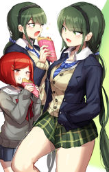 Rule 34 | 10s, 2girls, alternate costume, blue jacket, blush, bow, buttons, cardigan, chabashira tenko, collared shirt, crepe, danganronpa (series), drooling, eating, fang, food, green eyes, green hair, hair ornament, hairclip, hands in pockets, headband, highres, holding, holding food, jacket, long hair, long sleeves, mole, mole under mouth, multiple girls, necktie, danganronpa v3: killing harmony, open clothes, open jacket, open mouth, pleated skirt, red bow, red hair, sailor collar, school uniform, shirt, short hair, skirt, smile, suurin (ksyaro), sweater, twintails, yumeno himiko