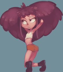 Rule 34 | 1girl, arms up, ass, bare arms, bare shoulders, big hair, black footwear, blue background, boots, child, closed mouth, clothes lift, colored skin, conoghi, demon girl, eyelashes, fangs, fee (harvey beaks), female focus, flat chest, hands in hair, harvey beaks, kneeling, looking to the side, midriff, navel, nickelodeon, orange shorts, pink eyes, pink hair, pink skin, raised eyebrows, shirt, shirt lift, shorts, simple background, solo, white shirt