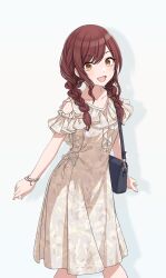 Rule 34 | 1girl, alternate hairstyle, bag, beige dress, bracelet, braid, brown eyes, dress, earrings, handbag, heart, idolmaster, idolmaster shiny colors, jewelry, low twintails, official art, open mouth, osaki amana, shadow, solo, twin braids, twintails, white background