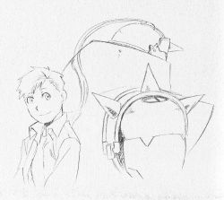 Rule 34 | 2boys, alphonse elric, arakawa hiromu, armor, arms at sides, back-to-back, child, closed mouth, collared shirt, commentary, cropped torso, dress shirt, dual persona, english commentary, facing viewer, fullmetal alchemist, grey background, happy, head tilt, helmet, male focus, monochrome, multiple boys, official art, open clothes, open shirt, shirt, shoulder spikes, sideways glance, simple background, size difference, smile, spiked helmet, spikes, swept bangs, tareme, undershirt