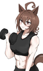 Rule 34 | 1girl, absurdres, agnes tachyon (umamusume), ahoge, animal ears, bare shoulders, black pants, black sports bra, blush, breasts, brown eyes, brown hair, closed mouth, commentary request, dumbbell, exercise, hair between eyes, highres, horse ears, horse girl, horse tail, large breasts, looking at viewer, messy hair, midriff, miya nns35, muscular, muscular female, navel, pants, short hair, simple background, solo, sports bra, tail, umamusume, weightlifting, white background