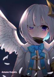 Rule 34 | 1girl, amane kanata, armband, blue bow, blue hair, blush, bob cut, bow, character name, closed mouth, colored inner hair, commentary request, eyes visible through hair, feathered wings, feathers, grey background, grey jacket, hair ornament, hair over one eye, halo, highres, hololive, jacket, looking at viewer, multicolored hair, purple eyes, silver hair, smile, solo, star halo, two-tone hair, uneg, upper body, virtual youtuber, white feathers, white wings, wings