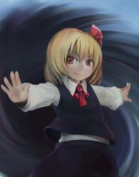 Rule 34 | 1girl, bad id, bad pixiv id, darkness, female focus, gradient background, ichiba youichi, outstretched arms, rumia, skirt, smile, solo, spread arms, touhou