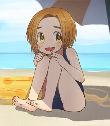 Rule 34 | 1girl, armpits, artist request, ass, barefoot, beach, beach umbrella, blue one-piece swimsuit, collarbone, day, feet, finger to mouth, flat chest, full body, hand on own knee, hand up, happy, idolmaster, idolmaster cinderella girls, innertube, knees up, legs, looking at viewer, medium hair, namco, neck, ocean, one-piece swimsuit, open mouth, orange hair, outdoors, parted bangs, ryuzaki kaoru, sitting, skin tight, sky, smile, soles, summer, sunlight, swim ring, swimsuit, thighs, toenails, toes, umbrella, water, water drop, wet, yellow eyes