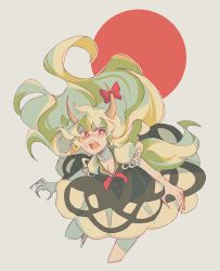 Rule 34 | 1girl, :o, big hair, bow, breasts, bright pupils, circle, cleavage, collarbone, cropped legs, dress, ex-keine, eyes visible through hair, fangs, fingernails, floating hair, green dress, green hair, grey background, highres, horn bow, horn ornament, horns, kamishirasawa keine, leg up, light green hair, long hair, looking at viewer, looking to the side, muted color, neckerchief, open mouth, outstretched arms, phantasmic, puffy short sleeves, puffy sleeves, red bow, red eyes, red neckerchief, sharp fingernails, short sleeves, simple background, small breasts, solo, tail, teeth, touhou, two-tone dress, v-shaped eyebrows, wavy hair, white pupils