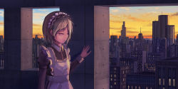 Rule 34 | 1girl, apron, building, city, cityscape, cloud, commentary request, frilled apron, frills, green hair, highres, long sleeves, maid, maid apron, maid headdress, original, puffy long sleeves, puffy sleeves, scenery, short hair, skyscraper, solo, sunset, upper body, white apron, yuhack