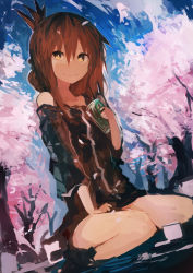 Rule 34 | 1girl, absurdres, alternate costume, beer can, brown hair, can, cherry blossoms, commentary, drink can, folded ponytail, hair between eyes, hanami, highres, holding, holding can, inazuma (kancolle), kaamin (mariarose753), kantai collection, long hair, looking at viewer, medium request, sidelocks, sitting, smile, wariza, yellow eyes
